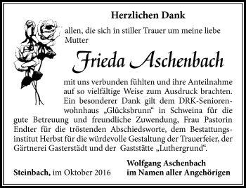 Traueranzeige von Frieda Aschenbach von Südthüringer Presse