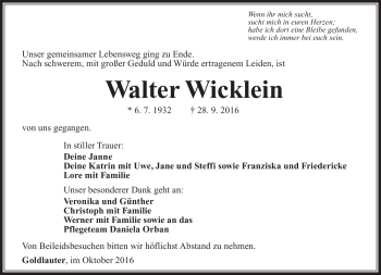 Traueranzeige von Walter Wicklein von Südthüringer Presse