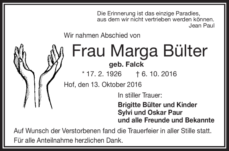  Traueranzeige für Marga Bülter vom 13.10.2016 aus Frankenpost