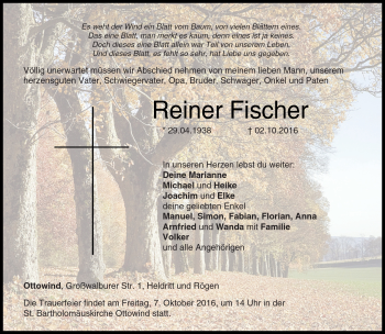 Traueranzeige von Reiner Fischer von Neue Presse Coburg