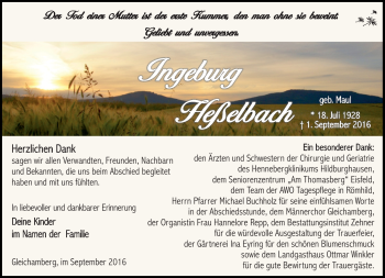 Traueranzeige von Ingeburg Heßelbach von Südthüringer Presse