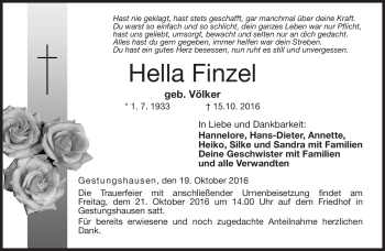 Traueranzeige von Hella Finzel von Neue Presse Coburg