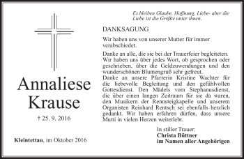 Traueranzeige von Annaliese Krause von Neue Presse Coburg