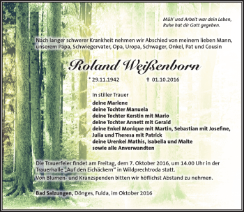 Traueranzeige von Roland Weißenborn von Südthüringer Presse