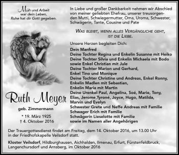 Traueranzeige von Ruth Meyer von Südthüringer Presse
