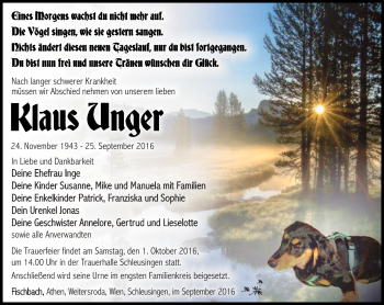 Traueranzeige von Klaus Unger von Südthüringer Presse