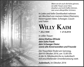Traueranzeige von Willy Kaim von Südthüringer Presse