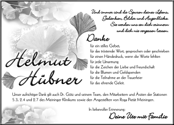 Traueranzeige von Helmut Hübner von Südthüringer Presse