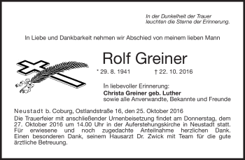 Traueranzeige von Rolf Greiner von Neue Presse Coburg