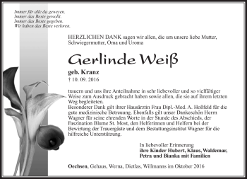 Traueranzeige von Gerlinde Weiß von Südthüringer Presse
