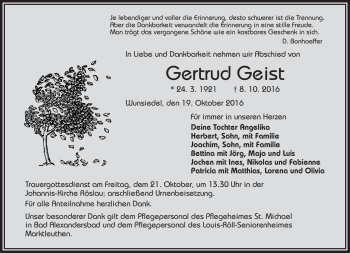 Traueranzeige von Gertrud Geist von Frankenpost