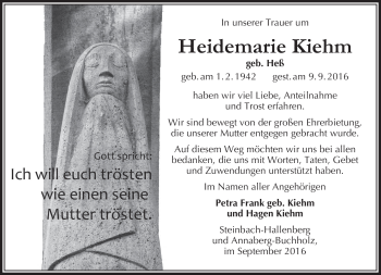 Traueranzeige von Heidemarie Kiehm von Südthüringer Presse