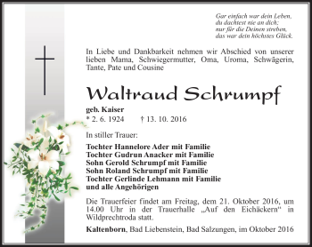 Traueranzeige von Waltraud Schrumpf von Südthüringer Presse