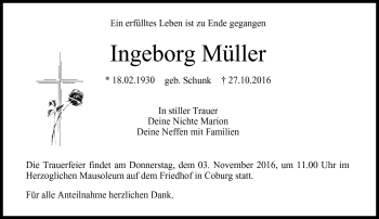 Traueranzeige von Ingeborg Müller von Neue Presse Coburg