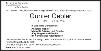 Traueranzeige von Günter Gebler von Südthüringer Presse
