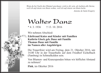 Traueranzeige von Walter Danz von Südthüringer Presse