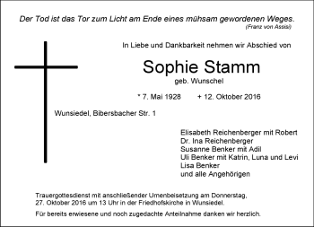 Traueranzeige von Sophie Stamm von Frankenpost