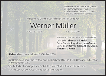 Traueranzeige von Werner Müller von Neue Presse Coburg