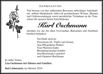 Traueranzeige von Karl Oschmann von Südthüringer Presse