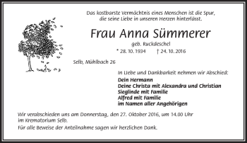 Traueranzeige von Anna Sümmerer von Frankenpost