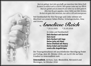 Traueranzeige von Anneliese Reich von Südthüringer Presse
