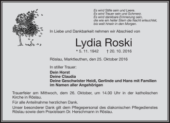 Traueranzeige von Lydia Roski von Frankenpost