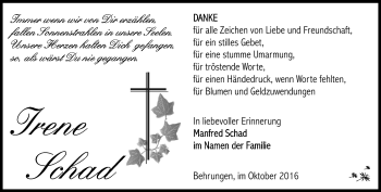 Traueranzeige von Irene Schad von Südthüringer Presse