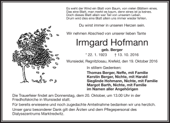 Traueranzeige von Irmgard Hofmann von Frankenpost