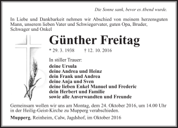 Traueranzeige von Günther Freitag von Südthüringer Presse