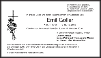 Traueranzeige von Emil Goller von Frankenpost