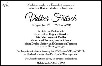 Traueranzeige von Volker Fritsch von Südthüringer Presse