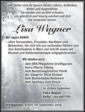 Traueranzeige von Lisa Wagner von Südthüringer Presse