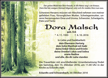 Traueranzeige von Dora Malsch von Südthüringer Presse