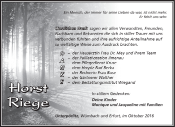 Traueranzeige von Horst Riege von Südthüringer Presse