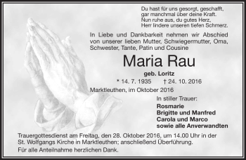 Traueranzeige von Maria Rau von Frankenpost