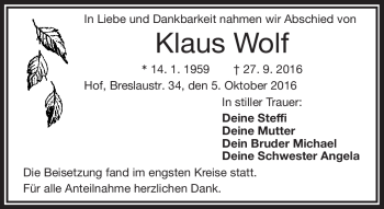 Traueranzeige von Klaus Wolf von Frankenpost