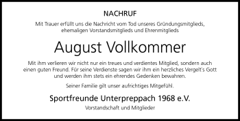 Traueranzeige von August Vollkommer von Neue Presse Coburg