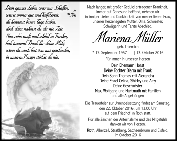 Traueranzeige von Mariena Müller von Südthüringer Presse