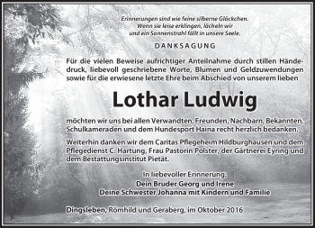Traueranzeige von Lothar Ludwig von Südthüringer Presse