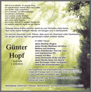 Traueranzeige von Günter Hopf von Südthüringer Presse