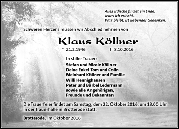 Traueranzeige von Klaus Köllner von Südthüringer Presse