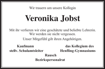 Traueranzeige von Veronika Jobst von Südthüringer Presse