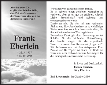 Traueranzeige von Frank Eberlein von Südthüringer Presse