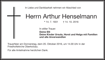 Traueranzeige von Arthur Henselmann von Frankenpost