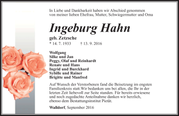 Traueranzeige von Ingeburg Hahn von Südthüringer Presse