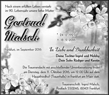 Traueranzeige von Gertrud Malsch von Südthüringer Presse