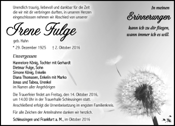 Traueranzeige von Irene Fulge von Südthüringer Presse