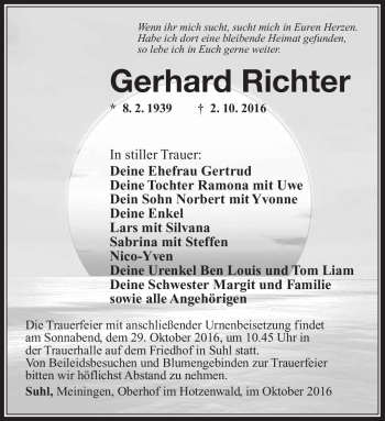 Traueranzeige von Gerhard Richter von Südthüringer Presse