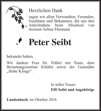 Traueranzeige von Peter Seibt von Südthüringer Presse