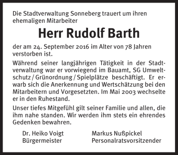 Traueranzeige von Rudolf Barth von Südthüringer Presse